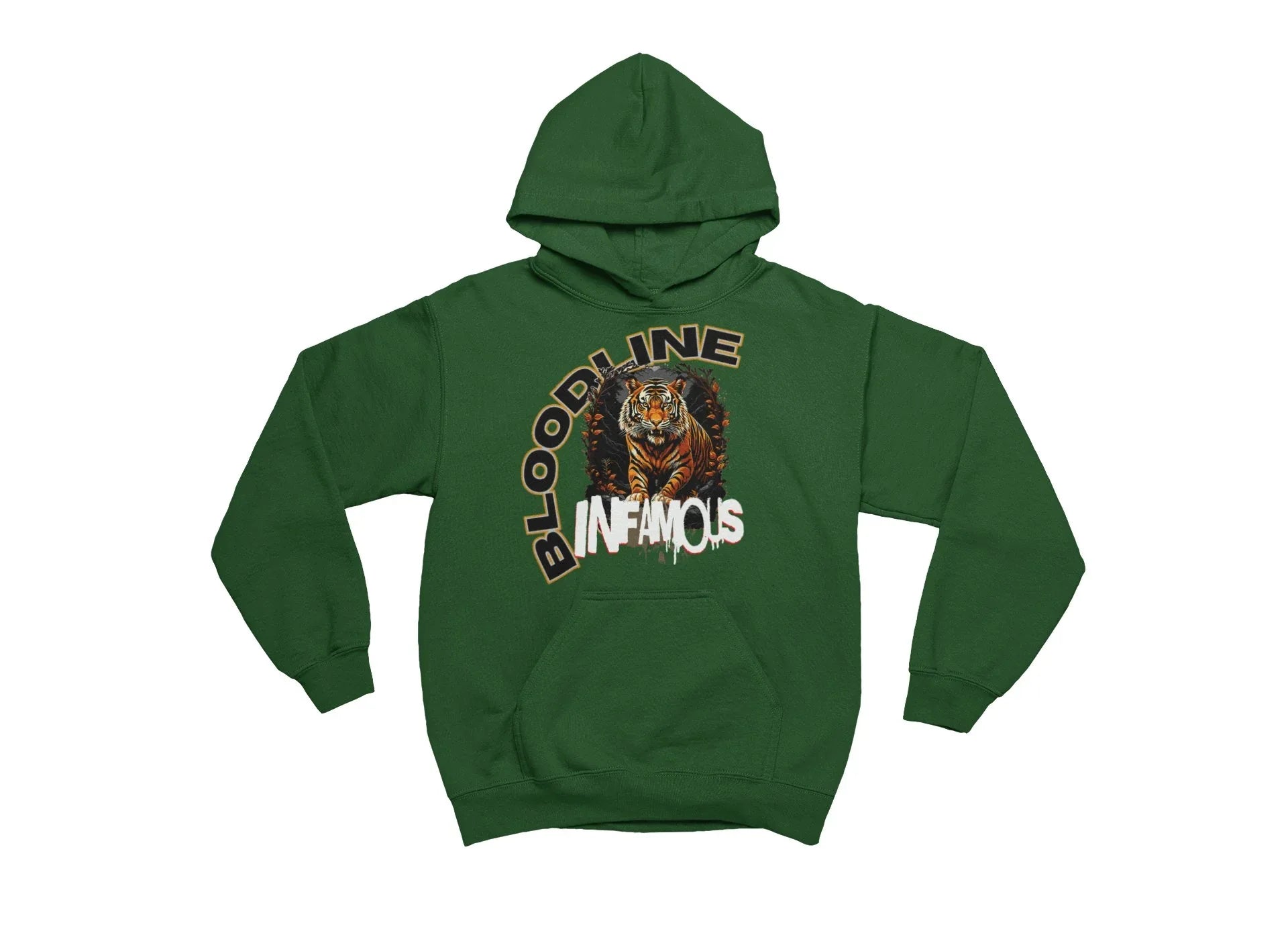Green hoodie with 'Bloodline Infamous' tiger design on a white background